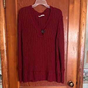 Maurices Women's Ribbed V-Neck Sweater with Button - Burgundy